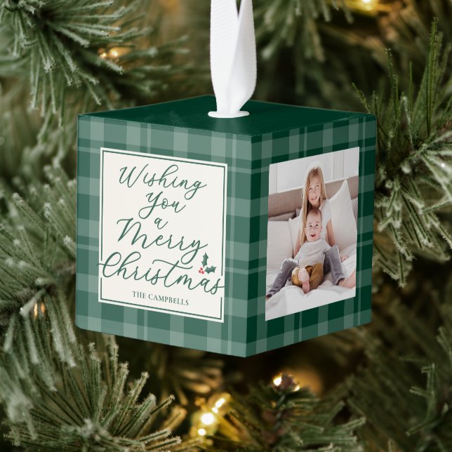 Adorno Cúbico Dark Green Plaid Christmas Three Photo (Árbol)