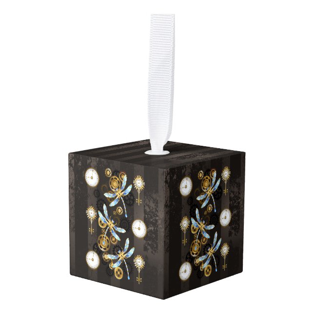 Adorno Cúbico Dragoniscos de Steampunk sobre fondo rayado marrón (Anverso en perspectiva)