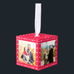Adorno Cúbico El día de San Valentín personalizado de regalo roj<br><div class="desc">Celebra tu historia de amor con este elegante adorno de cubo de fotos rojo. Perfecto para mostrar los recuerdos favoritos, este lindo cubo cuenta con 4 fotos propias, dispuestas por los lados. Encima del cubo está el saludo 'Feliz Día de San Valentín' en una elegante tipografía de escritura, junto con...</div>