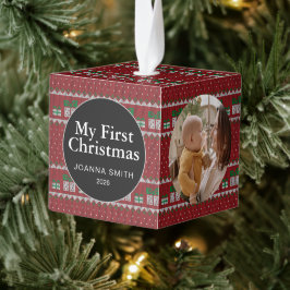 Adorno Cúbico Elegant Baby's First Christmas Custom Name Photo 