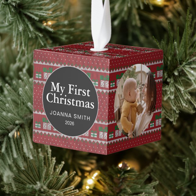 Adorno Cúbico Elegant Baby's First Christmas Custom Name Photo  (Árbol)