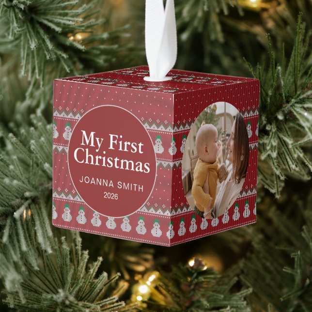 Adorno Cúbico Elegant Baby's First Christmas Custom Name Photo  (Árbol)