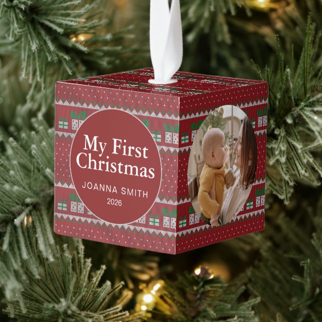 Adorno Cúbico Elegant Baby's First Christmas Custom Name Photo  (Árbol)