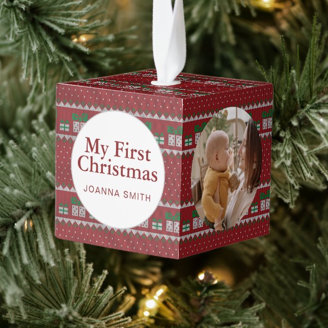 Adorno Cúbico Elegant Baby's First Christmas Custom Name Photo  (Árbol)
