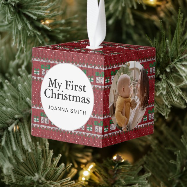 Adorno Cúbico Elegant Baby's First Christmas Custom Name Photo  (Árbol)