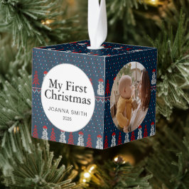 Adorno Cúbico Elegant Baby's First Christmas Custom Name Photo 