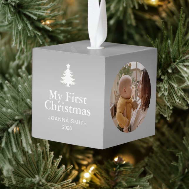Adorno Cúbico Elegant Silver Baby's First Christmas Name Photo  (Árbol)