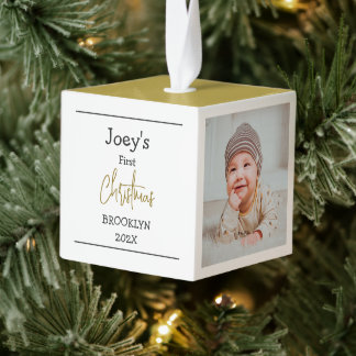 Adorno Cúbico Elegante bebé moderno primera Navidad tres Fotogra
