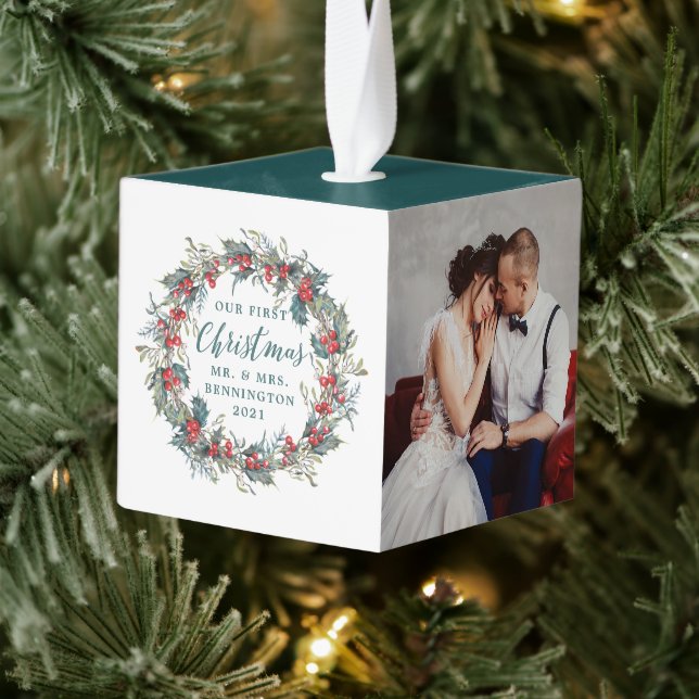 Adorno Cúbico Elegante Holly Mistletoe Wreath 3 Navidades de fot (Árbol)