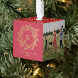 Adorno Cúbico Elegante Oro Wreath Monograma Rojo Foto