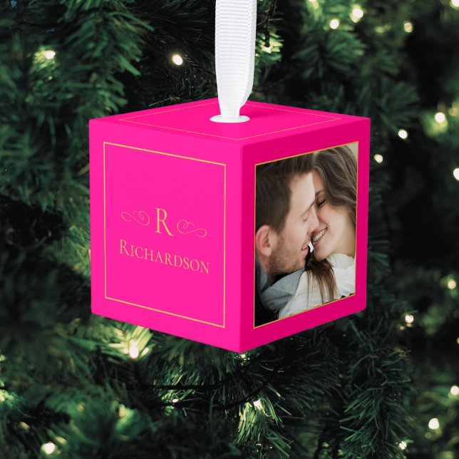 Adorno Cúbico Elegantes Navidades Personalizados de fotos de col (hot pink Christmas ornament, custom family photo, monogram, personalized Christmas tree ornament)