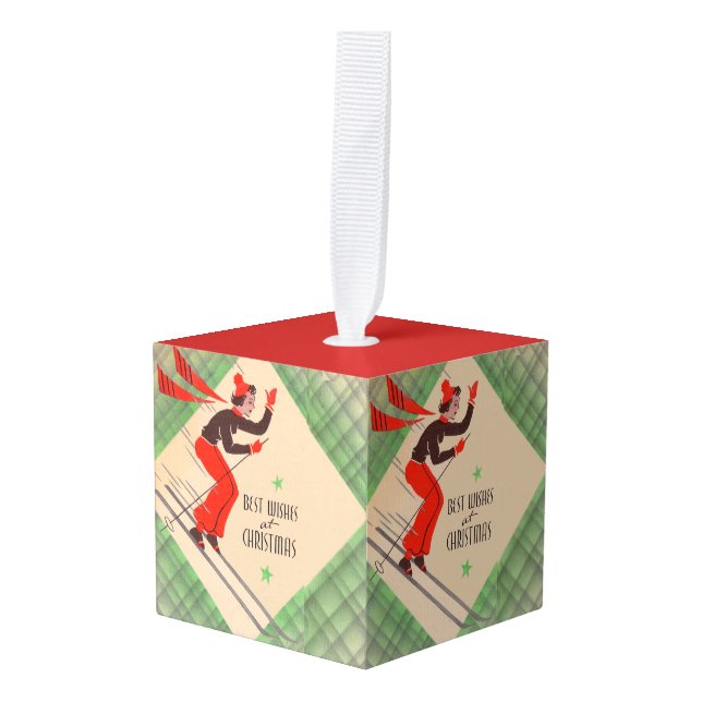 Adorno Cúbico Esquiador Navidad de los años 50 (Anverso en perspectiva)