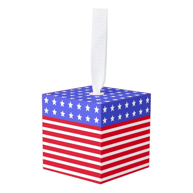 Adorno Cúbico Estrellas de navidad a rayas azules y rojas y blan (Anverso en perspectiva)