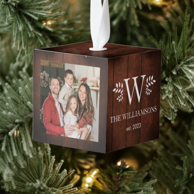 Adorno Cúbico Familia de Navidades Monogramados Rustic Wood 3 Fo (Árbol)