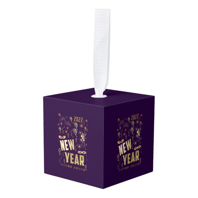 Adorno Cúbico Feliz Año Nuevo 2022, festivo feriado de oro purpu (Anverso en perspectiva)