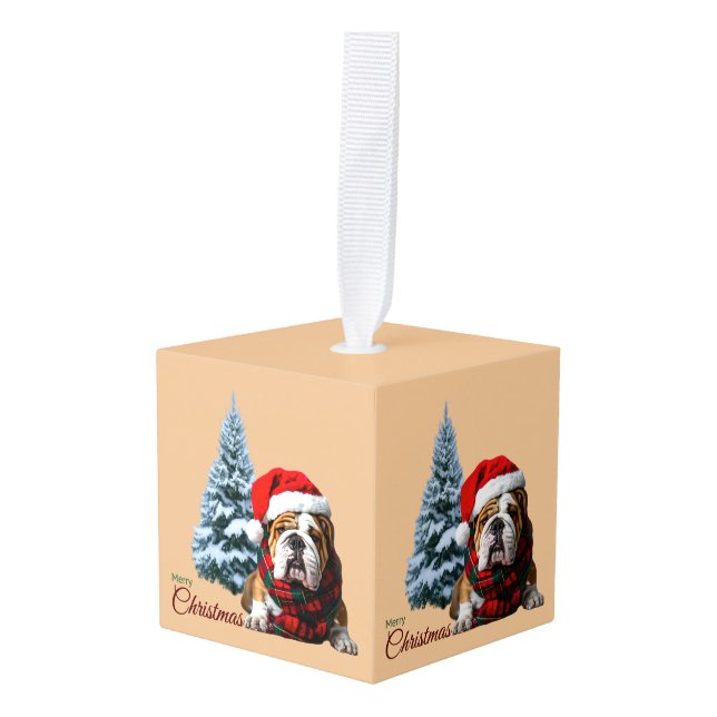 Adorno Cúbico Feliz Bulldog navideño (Anverso en perspectiva)