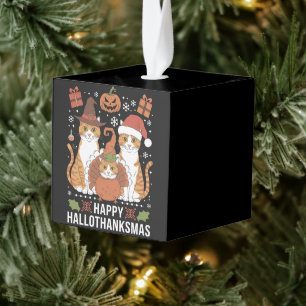 Adorno Cúbico Feliz Hallothanksmas Gatos Halloween Navidad 