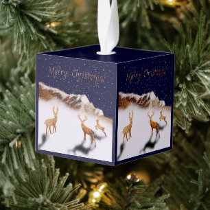 Adorno Cúbico Feliz Navidad - ciervos de madera y montañas en la