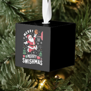 Adorno Cúbico Feliz Navidad con Swishmas Santa jugando baloncest