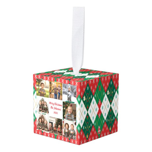 Adorno Cúbico Festive Argyle Love Personalized Christmas (Anverso en perspectiva)