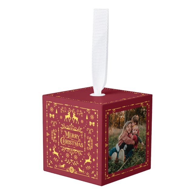 Adorno Cúbico Festividad Feliz Navidad Clásico 2 Foto (Anverso en perspectiva)