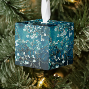 Adorno Cúbico Flores de Almendro de Van Gogh Verde Azul Oscuro