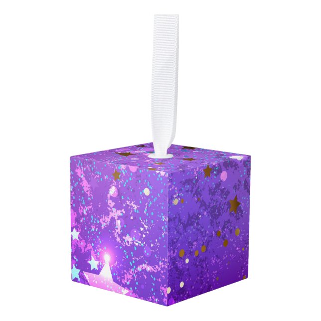 Adorno Cúbico Fondo de Relieve metalizado púrpura con estrellas (Anverso en perspectiva)