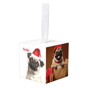 Adorno Cúbico Foto de dos perros Pug en Navidad