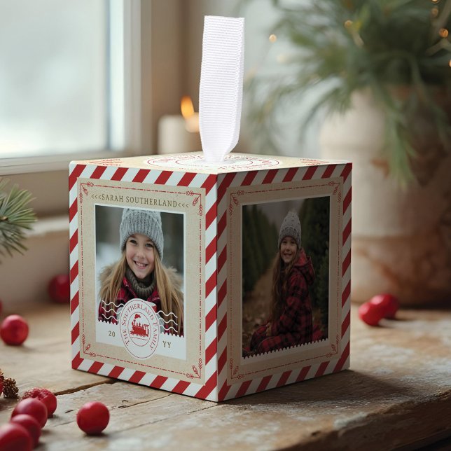 Adorno Cúbico Foto de Navidades del Ticket North Pole Express (North Pole Express Train Ticket Christmas Photo Cube Ornament)