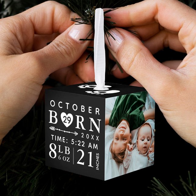 Adorno Cúbico Foto del bebé Keepsake y estadísticas de nacimient (Baby Photo Keepsake & Birth Stats Black Monogram Cube Ornament)