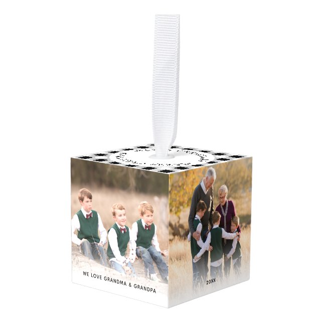 Adorno Cúbico Foto personalizada de Navidades de plástico blanco (Anverso en perspectiva)