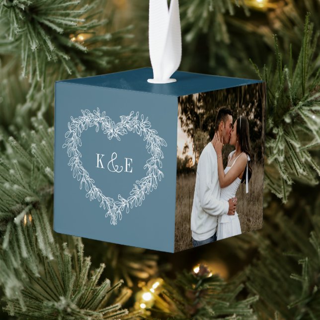 Adorno Cúbico Fotografía del corazón del mistletoide azul en par (Árbol)