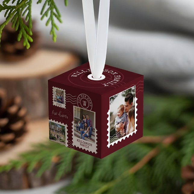 Adorno Cúbico Fotos del estampado de la primera edición de navid (First Christmas New Home Fun Postage Stamp Photos Cube Ornament)