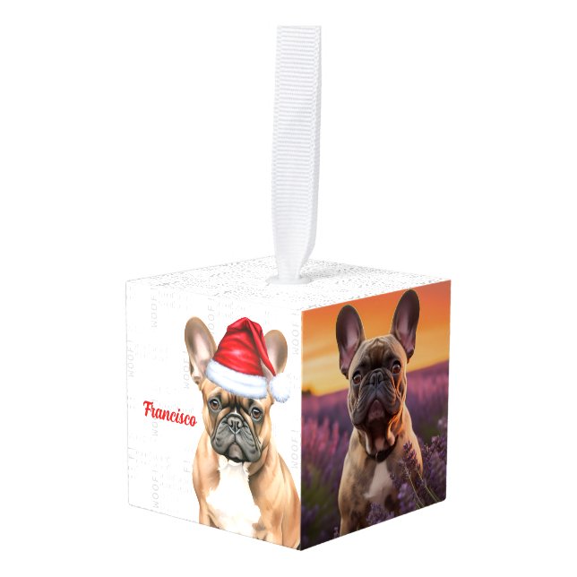 Adorno Cúbico French Bulldog Two Photo Christmas Holiday (Anverso en perspectiva)