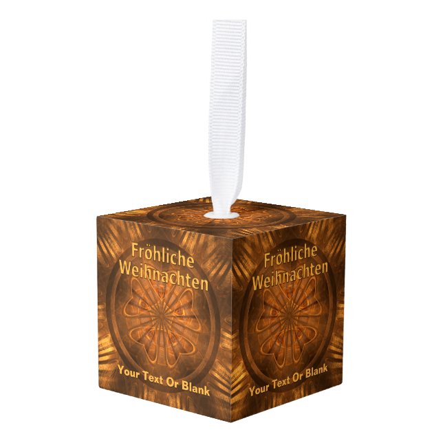 Adorno Cúbico Fröhliche Weihnachten - Carrado de madera fractal (Anverso en perspectiva)