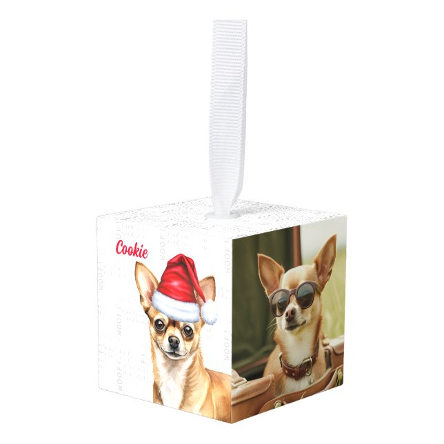 Adorno Cúbico Fun Chihuahua Santa Dog Dos Navidades de fotografí (Anverso en perspectiva)