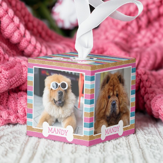 Adorno Cúbico Fun Purpurina Stripe Pattern Dog Collage de fotos (Fun Glitter Stripe Pattern Dog Photo Collage Cube Ornament)