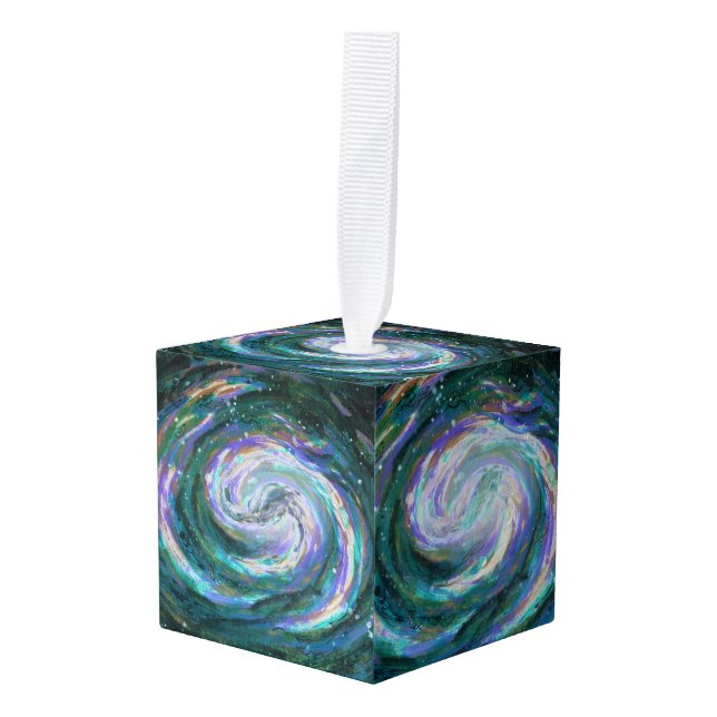 Adorno Cúbico Galaxia esmeralda y púrpura (Anverso en perspectiva)