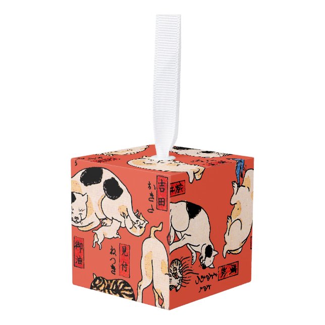 Adorno Cúbico gatos japoneses Ukiyo-e Funny kitty (Anverso en perspectiva)