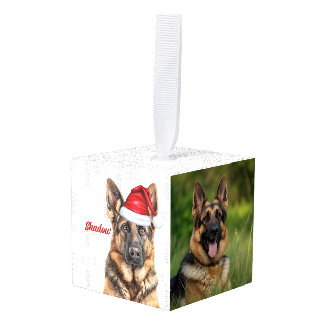 Adorno Cúbico German Shepherd Dog Name Two Photo Christmas (Anverso en perspectiva)