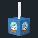 Adorno Cúbico Globe de nieve con muñeco de nieve y árbol de pino<br><div class="desc">Un ilustracion de un lindo globo de nieve con el interior de un paisaje de montaña nevada con muñeco de nieve y pino. Este diseño es un regalo para los amantes de la temporada invernal,  la nieve y la naturaleza.</div>
