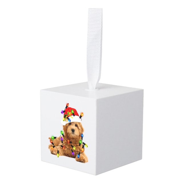 Adorno Cúbico Goldendoodle Santa Dog (Anverso en perspectiva)