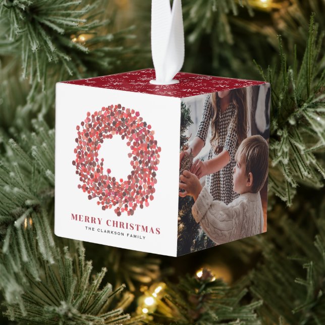 Adorno Cúbico Gouache Red Winterberry Wreath Photo Navidades (Árbol)