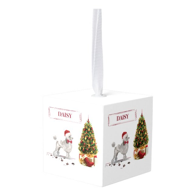 Adorno Cúbico Gray Poodle Funny Navidades perro con árbol (Reverso en perspectiva)