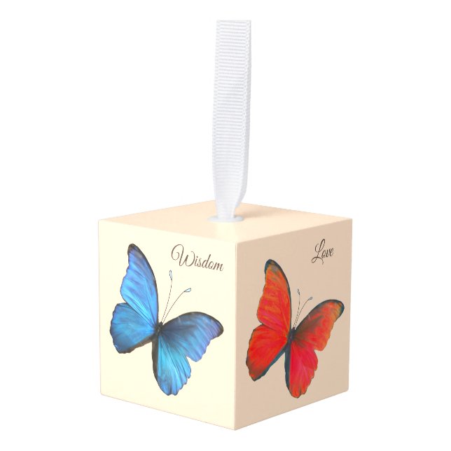 Adorno Cúbico Hermosas mariposas y caligrafía de colores (Anverso en perspectiva)