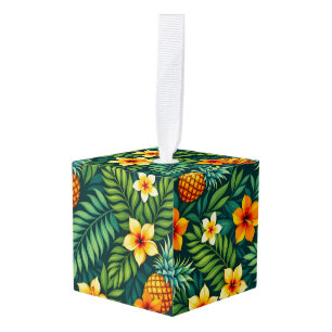 Adorno Cúbico Hojas tropicales y patrón de piña