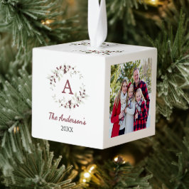Adorno Cúbico Holly Berry Wreath Monogram Family Photo
