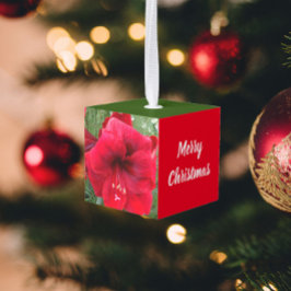 Adorno Cúbico Holly Leaves y Red Amaryllis Holiday