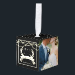 Adorno Cúbico La caza rusa terminó con la colecta de fotos de Bo<br><div class="desc">Rustic The Hunt is Over Antlers   Banner Vintage   String Lights diseño con nombres de novias y novios,  iniciales,  fecha boda y cuatro de tus fotos. ¡Hermoso regalo de boda o mantenimiento!</div>