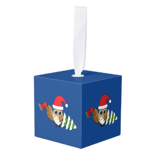 Adorno Cúbico Lechuza navidad con hacha y pino nevado